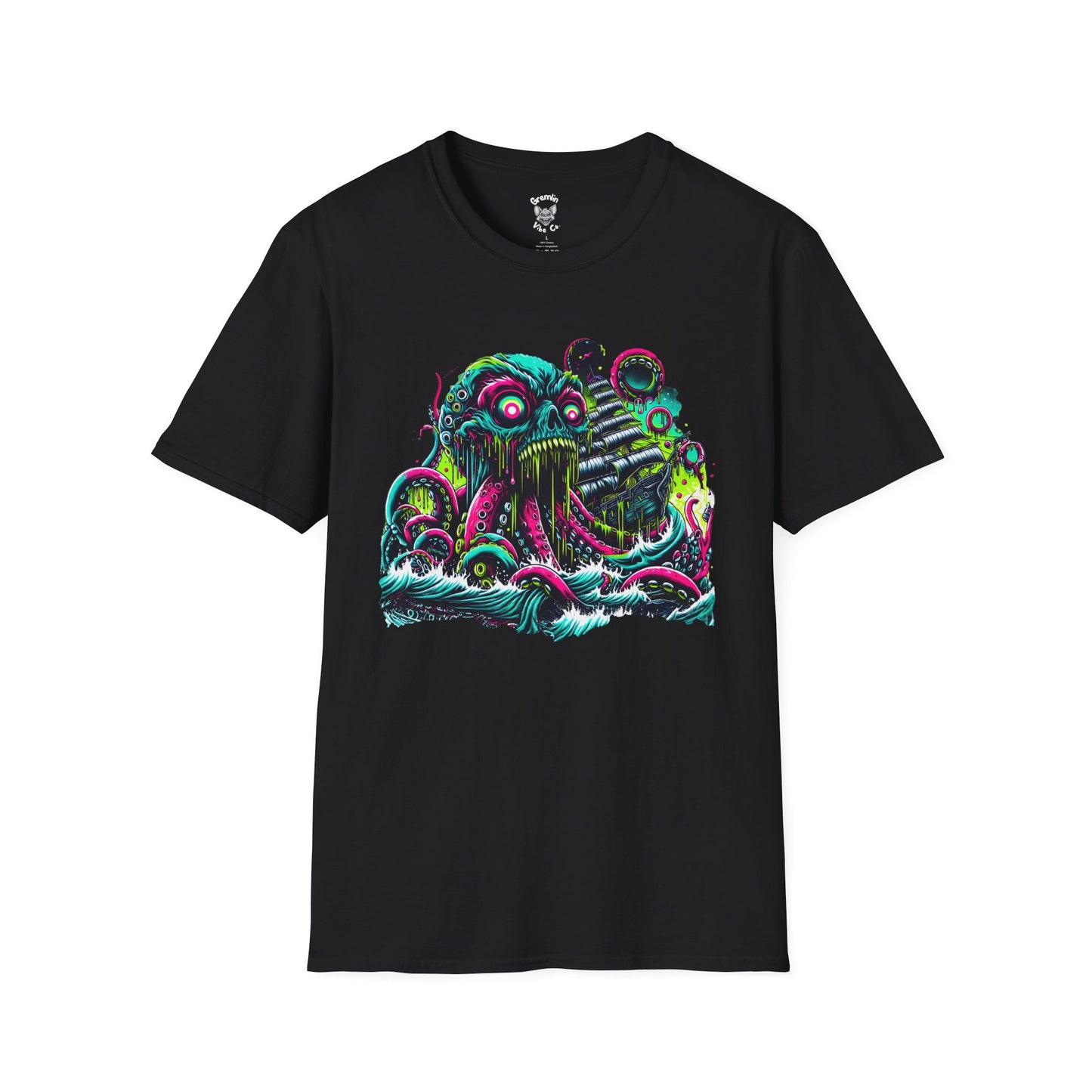 Neon skull-octopus hybrid dragging pirate ship into sea - Gremlin Vibe Co. Skulltide