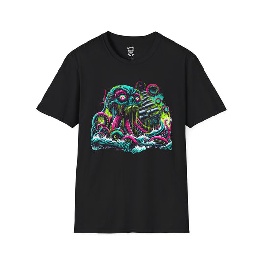 Neon skull-octopus hybrid dragging pirate ship into sea - Gremlin Vibe Co. Skulltide